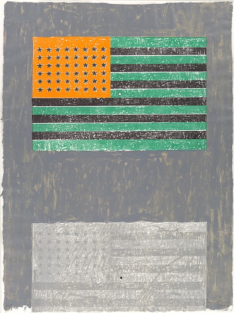 Jasper Johns, “Flags,” lithograph with stamps (1968) Courtesy Metmuseum.org